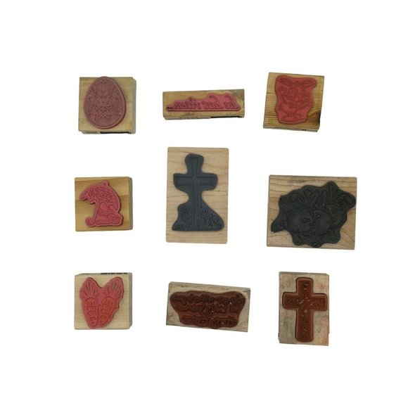 Lot of 9 wooden rubber stamps‎ Easter Rabbit Cross Chicken Egg Phrases - Picture 5 of 5